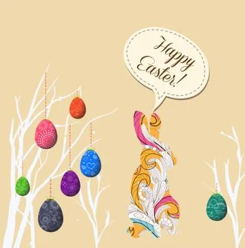 Happy easter eggs and doodle bunny greeting card Illustrazione stock