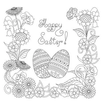 Happy Easter with eggs and flowers Stock Illustration