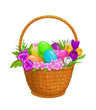Happy Easter, eggs and flowers in wicker basket Illustration