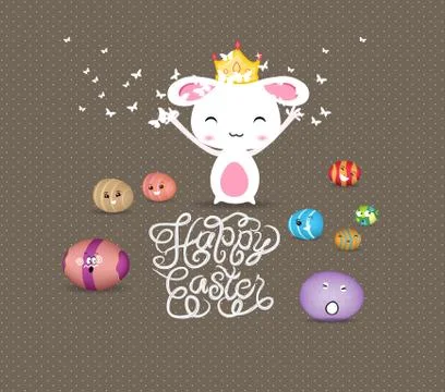 Happy easter eggs and princess bunny funny Stock Illustration