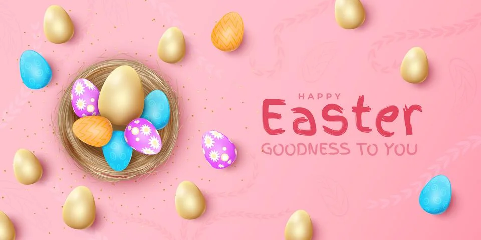 Happy easter eggs, april poster template. Spring table with cute holiday golden Stock Illustration