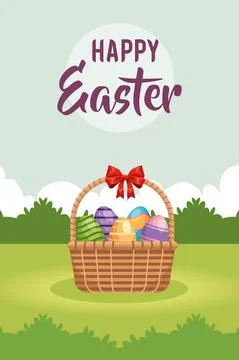 Happy easter eggs basket landscape Illustrazione stock