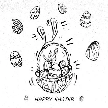Happy Easter Eggs On A Basket Line Art retro style Stock Illustration