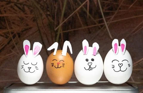Happy Easter Eggs with Bunny Ears and Faces-2 Stock Photos