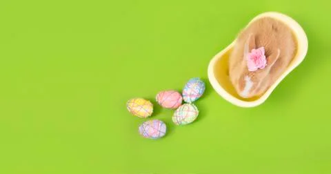 Happy easter eggs collection, Cute brown rabbit bunny with basket and eggs pa Stock Photos