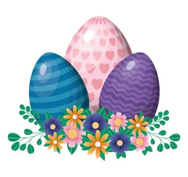 Happy easter eggs with flowers and leaves vector design Stock Illustration