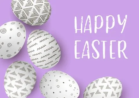 Happy Easter eggs frame with text. White easter eggs with monochrome simple d Stock Illustration