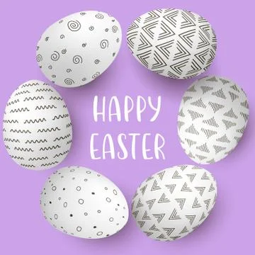Happy Easter eggs frame with text. White eggs on circle with monochrome simpl Stock Illustration