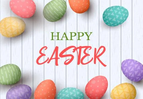 Happy Easter eggs frame with text. Colorful easter eggs on white wooden 스톡 일러스트