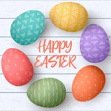 Happy Easter eggs frame with text. Colorful easter eggs on white Scandinavian Stock Illustration