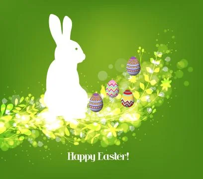 Happy easter eggs with fresh green leaves and rabbit Stock Illustration