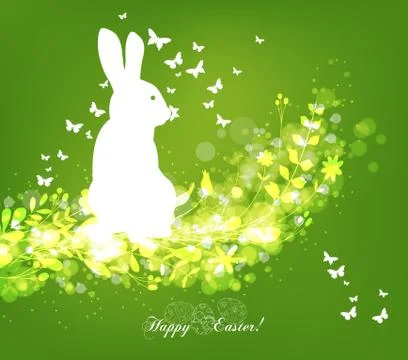 Happy easter eggs with fresh green leaves and rabbit Stock Illustration