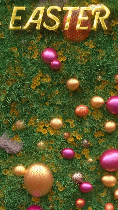 Happy Easter, Eggs In gold podium, In The Grass And Flowers In Sunny Day Stock Footage 269719777