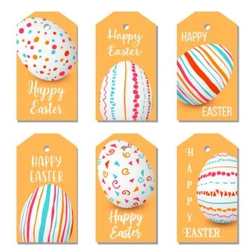 Happy Easter eggs golden labels set. 6 ribbon tags collection. colorful eggs Stock Illustration