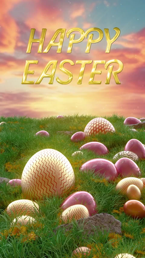 Happy Easter, Eggs In The Grass And Flowers In Sunset Stock Footage 269719787