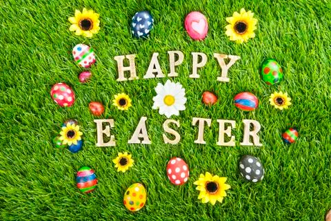 Happy easter eggs on grass horizontal Stock Illustration