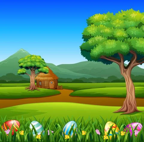 Happy Easter eggs in the grass with nature background Stock Illustration