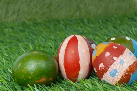 Happy easter eggs group on grass,can use as background for god festival Stock Photos