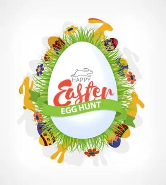 Happy Easter Eggs hunt poster or card with rabbits, flowers, herbs. Vector Stock Illustration