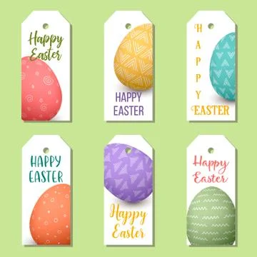 Happy Easter eggs labels set. 6 ribbon tags collection. colorful eggs designe Stock Illustration