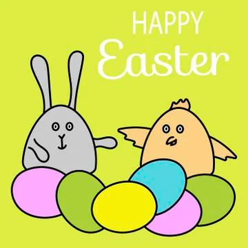 Happy Easter, eggs painted, rabbit, chicken, easter celebration . Vector. Stock Illustration