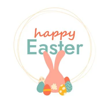 Happy Easter, Eggs, Rabbit in round linear frame. Greeting card with text, Child Stock Illustration