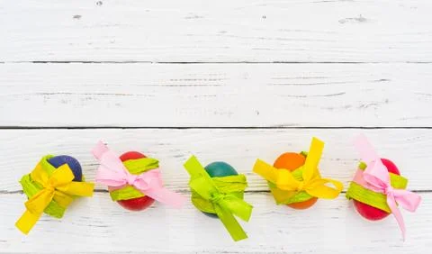 Happy Easter eggs with ribbon Stock Photos