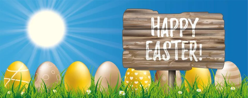 Happy Easter Eggs Sky Grass Wooden Board Header Illustrazione stock