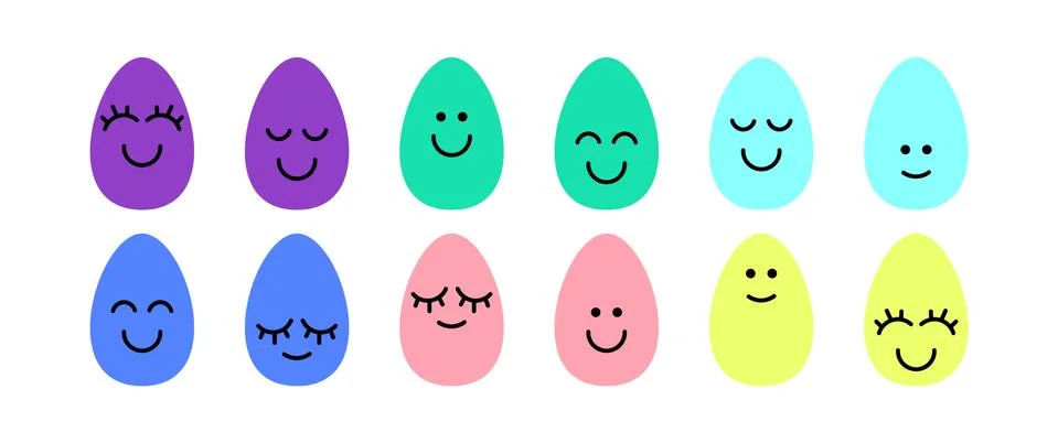 Happy Easter eggs with smile or emoji. Bright colors. Cute easter eggs with cute Stock Illustration