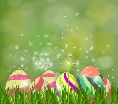 Happy easter eggs. Spring background with white dandelions Stock Illustration