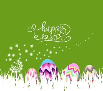 Happy easter eggs. Spring background with white dandelions 스톡 일러스트