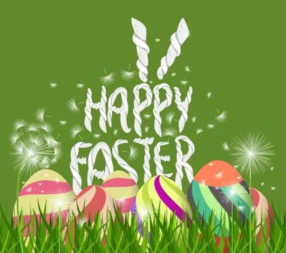 Happy easter eggs. Spring background with white dandelions Stock Illustration