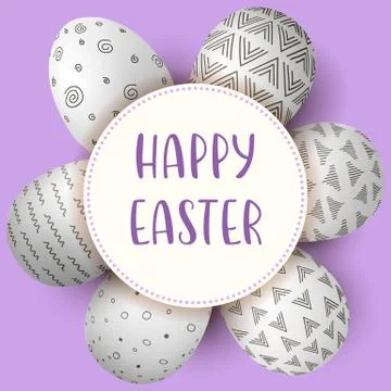 Happy Easter eggs with text. White eggs with monochrome simple decoration on  Stock Illustration