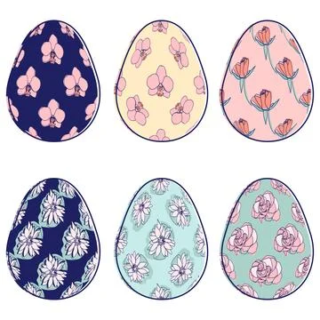 Happy Easter eggs, trendy design with hand-drawn spring flowers. Modern art m Stock Illustration