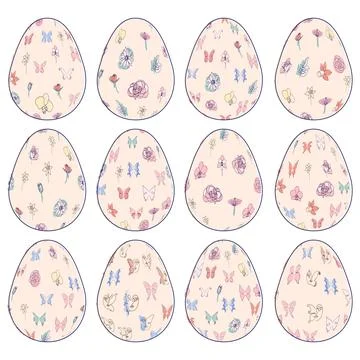 Happy Easter eggs, trendy design with hand-drawn spring flowers. Modern art m Stock Illustration