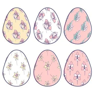 Happy Easter eggs, trendy design with hand-drawn spring flowers. Modern art m Stock Illustration