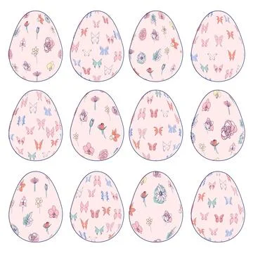 Happy Easter eggs, trendy design with hand-drawn spring flowers. Modern art m Stock Illustration