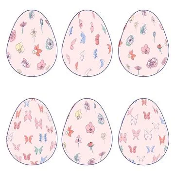 Happy Easter eggs, trendy design with hand-drawn spring flowers. Modern art m Stock Illustration