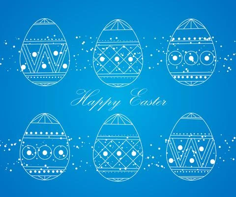 Happy Easter Eggs white on a blue. Easter banner background template with whi Illustrazione stock