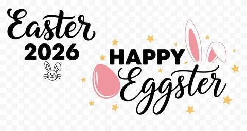 Happy Easter Eggster 2026 text graphic with bunny ears and eggs flat design Stock Illustration