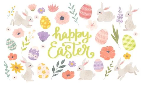 Happy Easter elements collection, cute festive bunnies, eggs and flowers. Vector Illustrazione stock