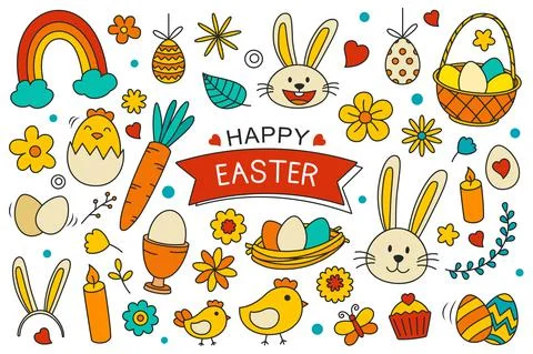 Happy easter elements design. Easter set with object and decorations on white Illustrazione stock