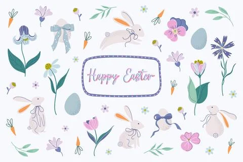 Happy Easter elements set with cute bunnies. Beautiful springtime collection. Illustrazione stock