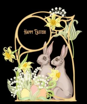 Happy easter! Embroidery imitation with a hare, Stock Illustration