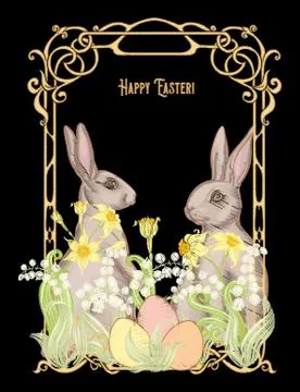 Happy easter! Embroidery imitation with a hare, Stock Illustration