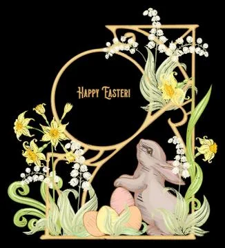 Happy easter! Embroidery imitation with a hare, Stock Illustration