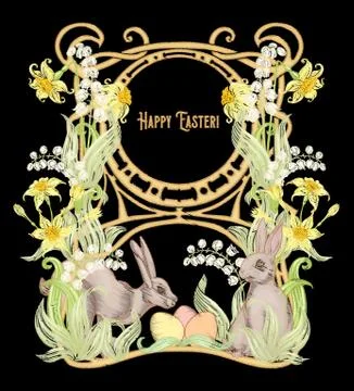 Happy easter! Embroidery imitation with a hare, Stock Illustration