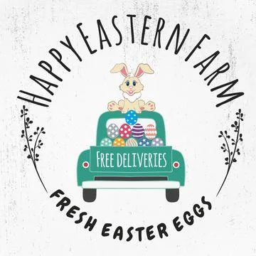 Happy Easter Farm,  Easter truck, Easter bunny, Easter eggs, happy Easter Stock Illustration