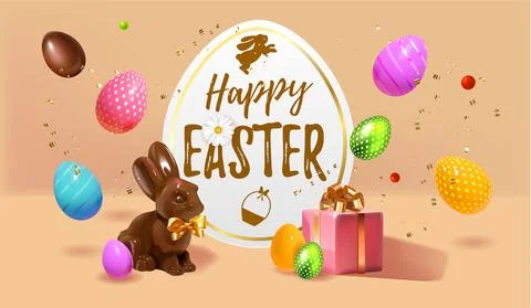 Happy Easter Festive background design with realistic colorful eggs, giftbox Stock Illustration