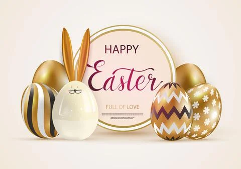 Happy Easter. Festive background design with golden eggs and easter ceramic Stock Illustration